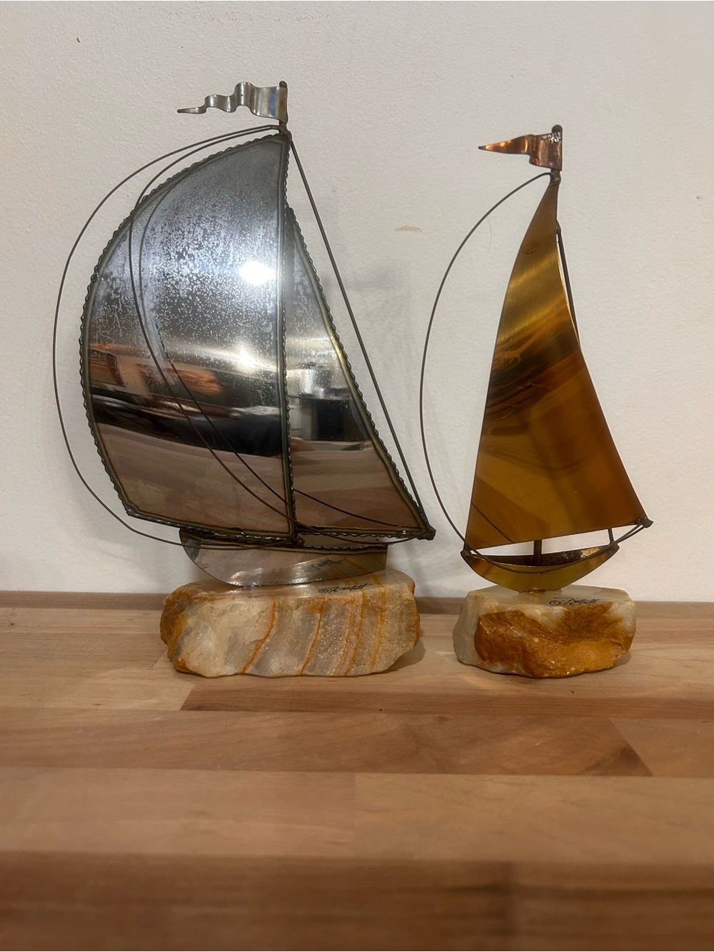 Artist signed vintage brass and mixed metals sailboats with stone base